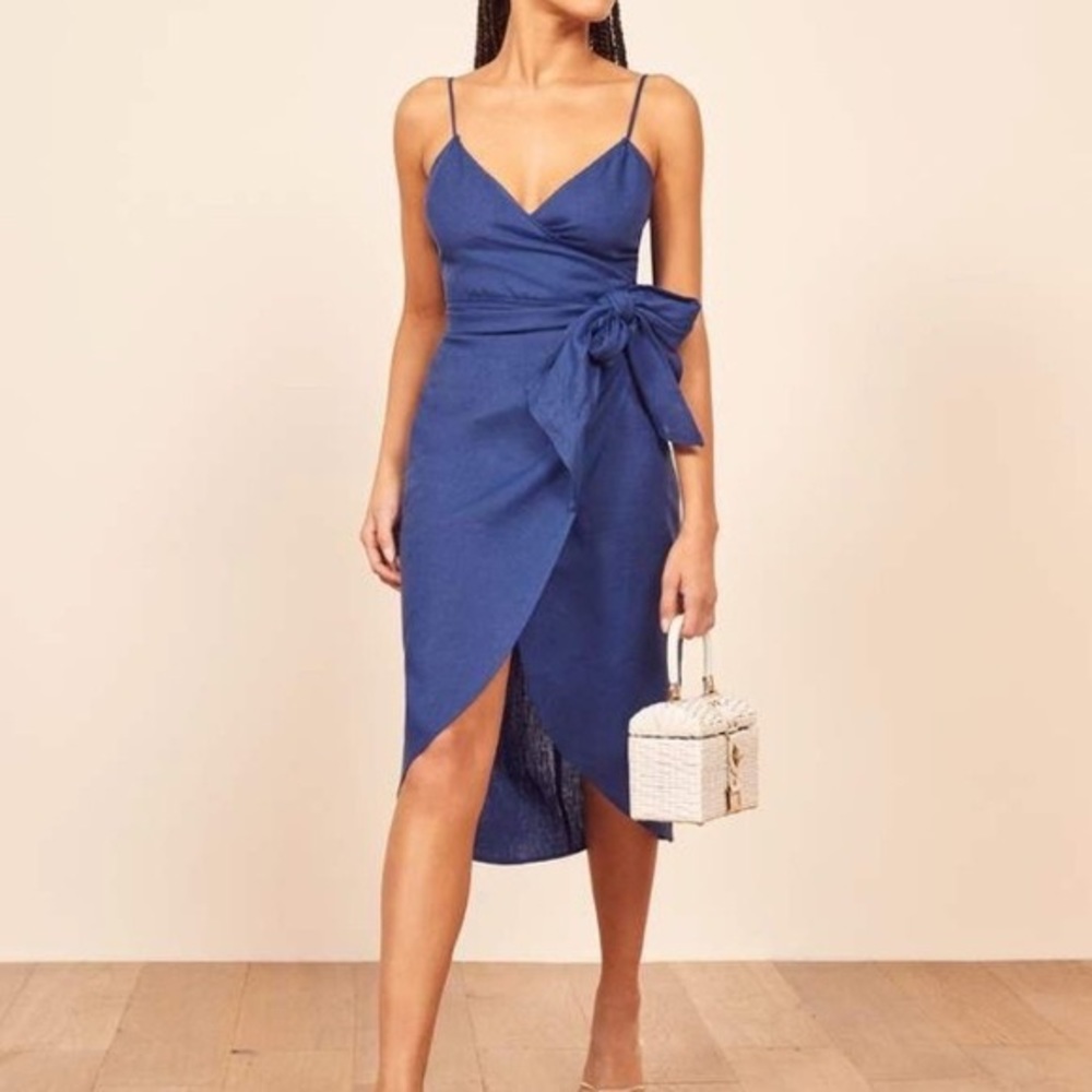 Reformation Blue Linen Wrap dress - Size 2